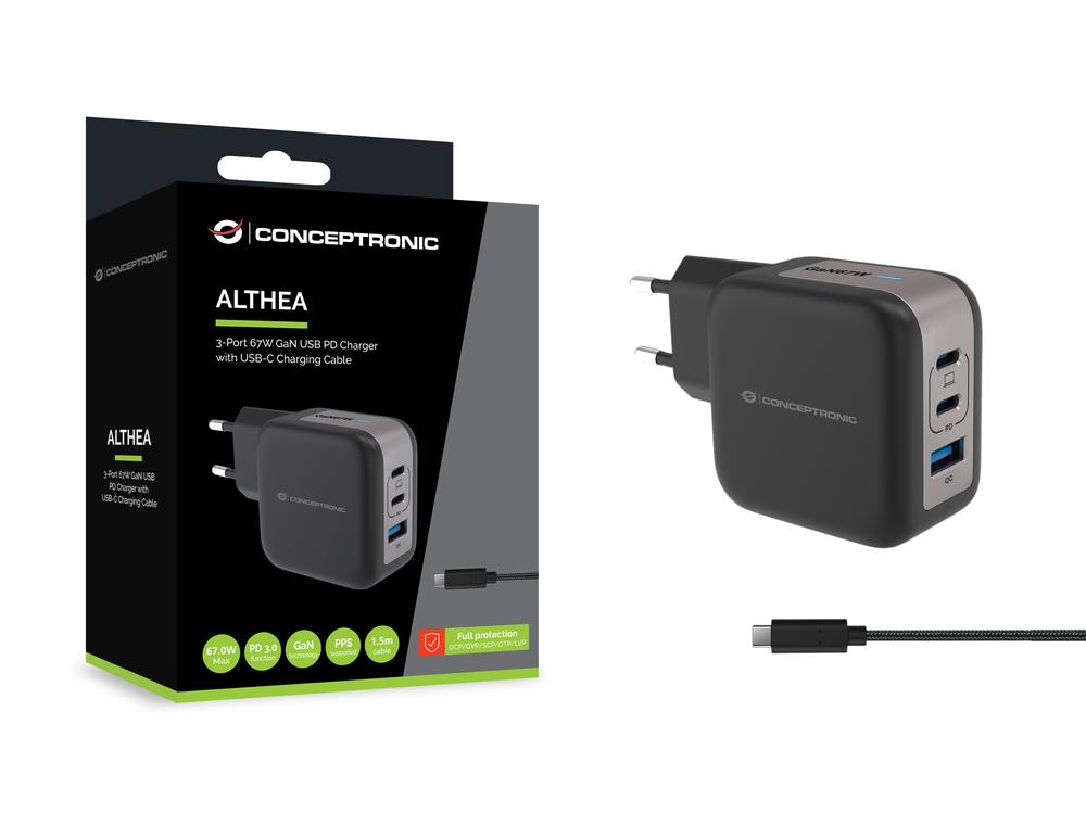 CARGADOR DE PARED CONCEPTRONIC ALTHEA17B 67W 2X USB TIPO C 1X USB TIPO A