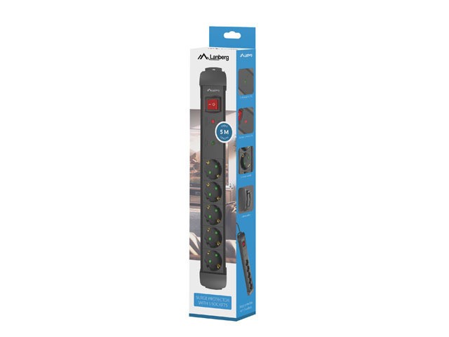 REGLETA LANBERG SP1 5 TOMAS SCHUKO PROTECCION HASTA 2500W NEGRA 5M