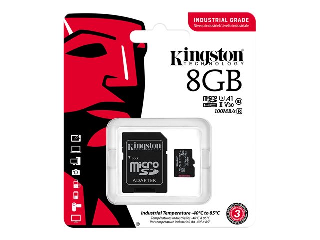 TARJETA MEMORIA MICRO SECURE DIGITAL SDHC 8GB KINGSTON INDUSTRIAL CLASE 10 UHS-I U3 + ADAPTADOR SD