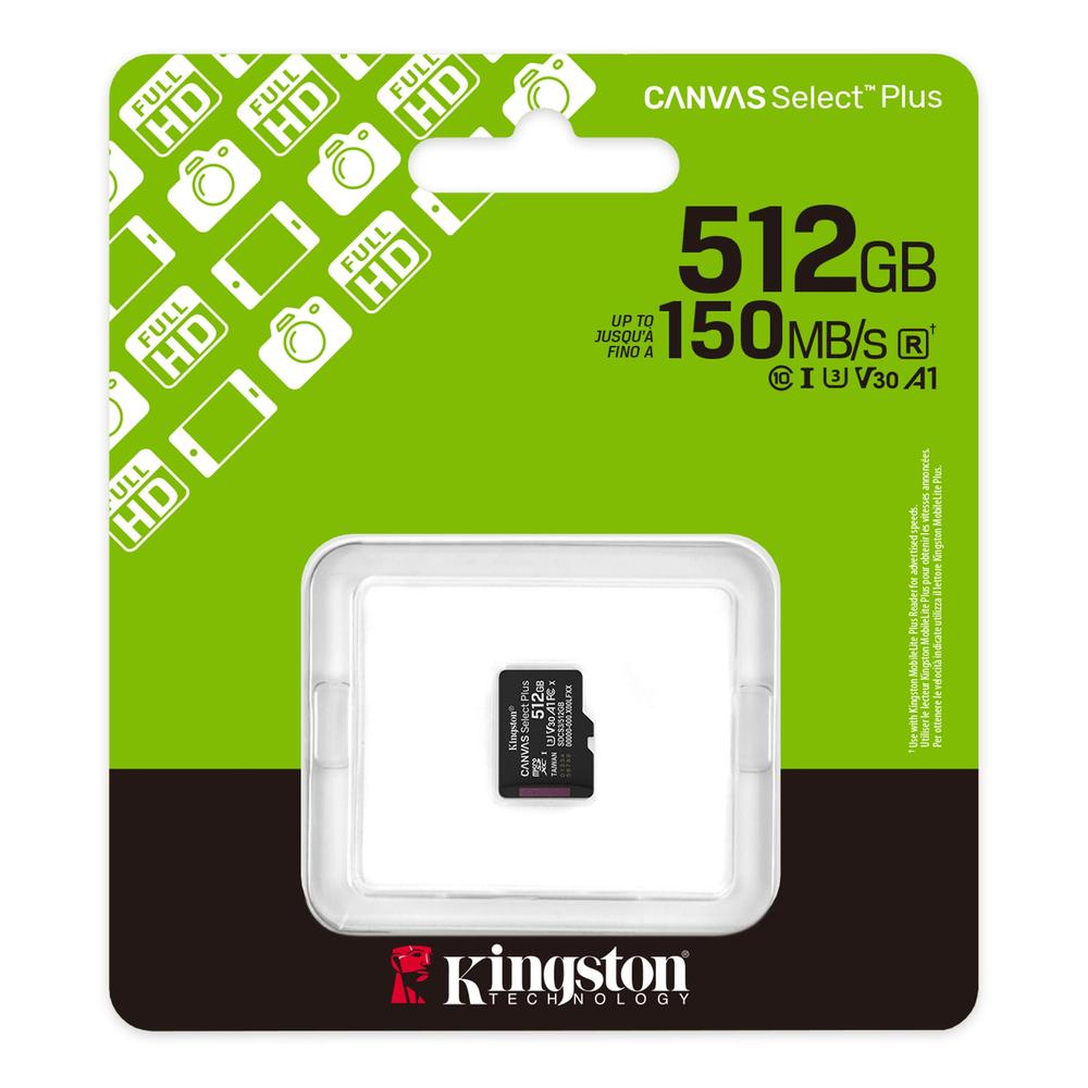 TARJETA MEMORIA MICRO SECURE DIGITAL SDXC 512GB KINGSTON CANVAS SELECT PLUS CLASE 10 UHS-1