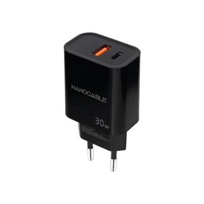 CARGADOR NANOCABLE USB-C/PD+USB-A/QC 30W NEGRO