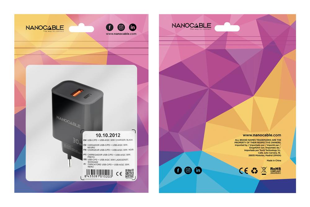 CARGADOR NANOCABLE USB-C/PD+USB-A/QC 30W NEGRO