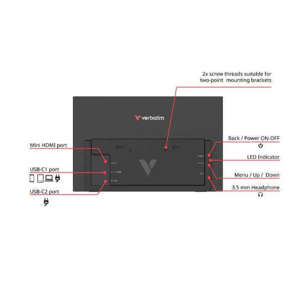 MONITOR LED PORTATIL 15.6" VERBATIM IPS/ FHD/ HDMI/ 60HZ/ 10MS/ VESA 75X75/ TACTIL