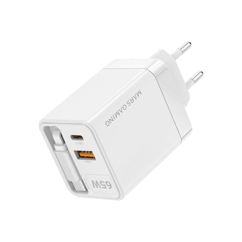 CARGADOR DE PARED MARS GAMING MD-GAN65RW 65W 1X USB TIPO C 1 X USB TIPO A CABLE RETRACTIL USB TIPO C BLANCO