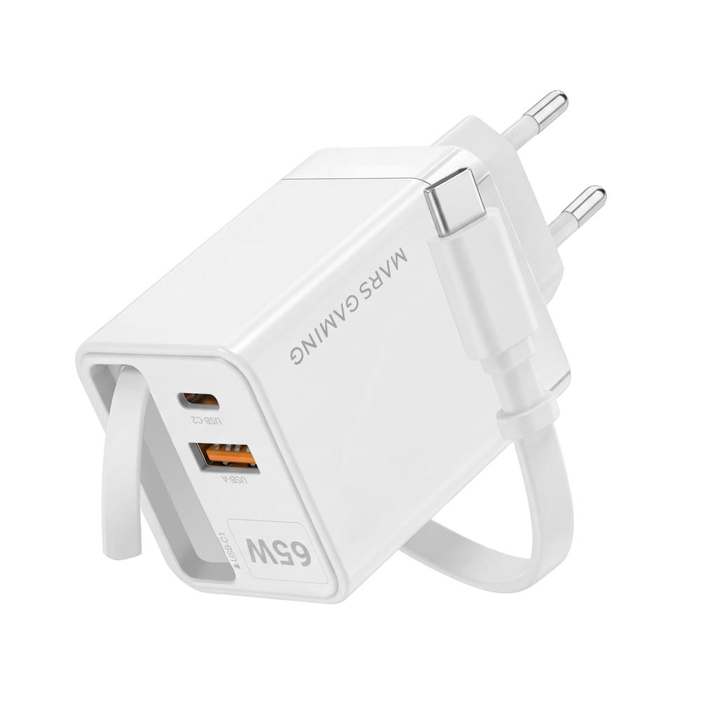 CARGADOR DE PARED MARS GAMING MD-GAN65RW 65W 1X USB TIPO C 1 X USB TIPO A CABLE RETRACTIL USB TIPO C BLANCO