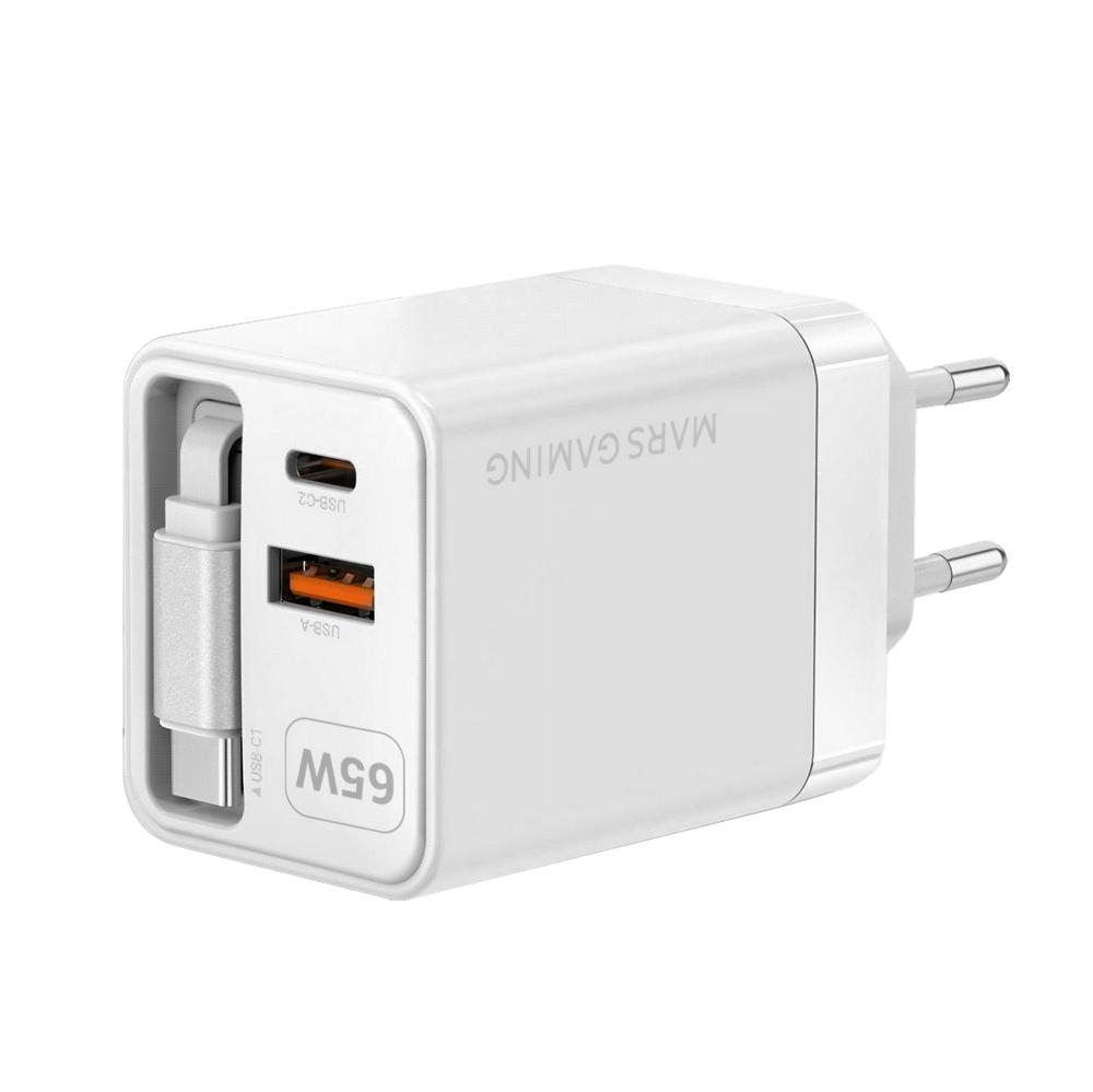 CARGADOR DE PARED MARS GAMING MD-GAN65RW 65W 1X USB TIPO C 1 X USB TIPO A CABLE RETRACTIL USB TIPO C BLANCO