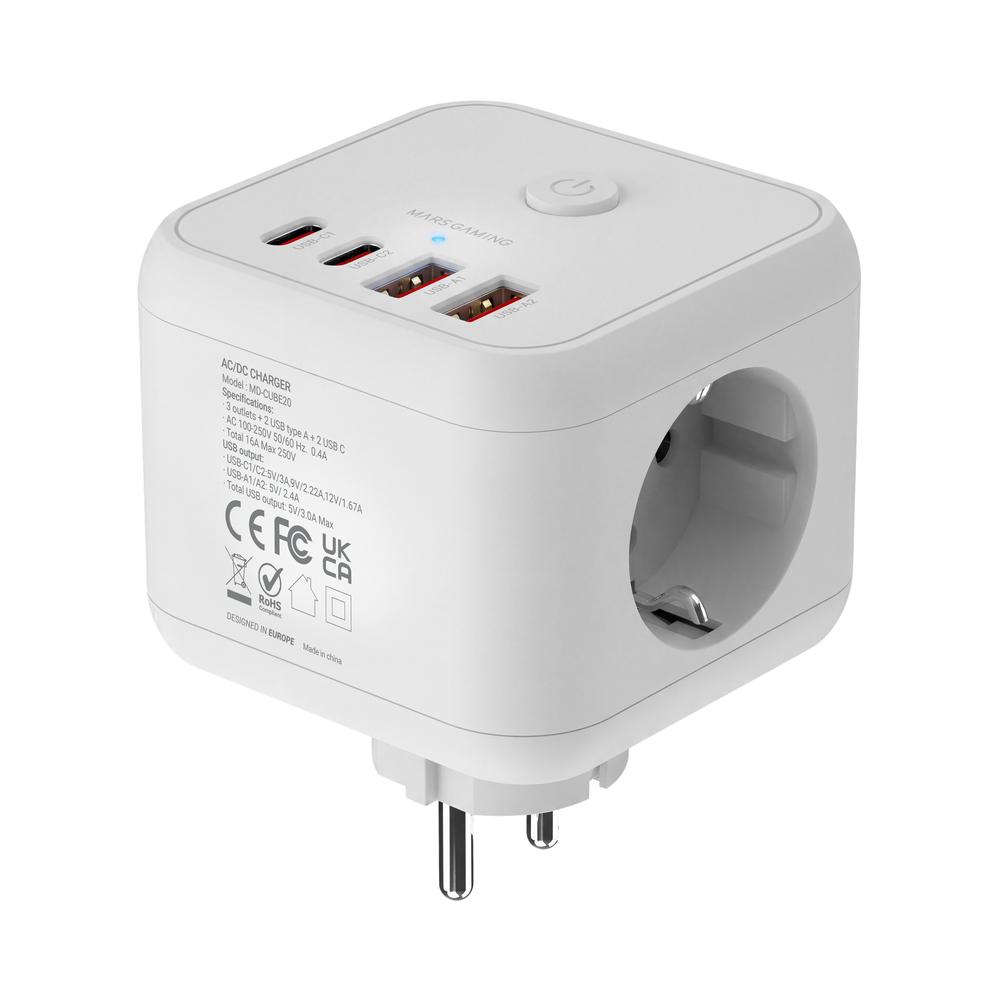 CARGADOR DE PARED MARS GAMING MD-CUBE20W 20W 3X SCHUKO 2X USB TIPO C 2X USB TIPO A BLANCO