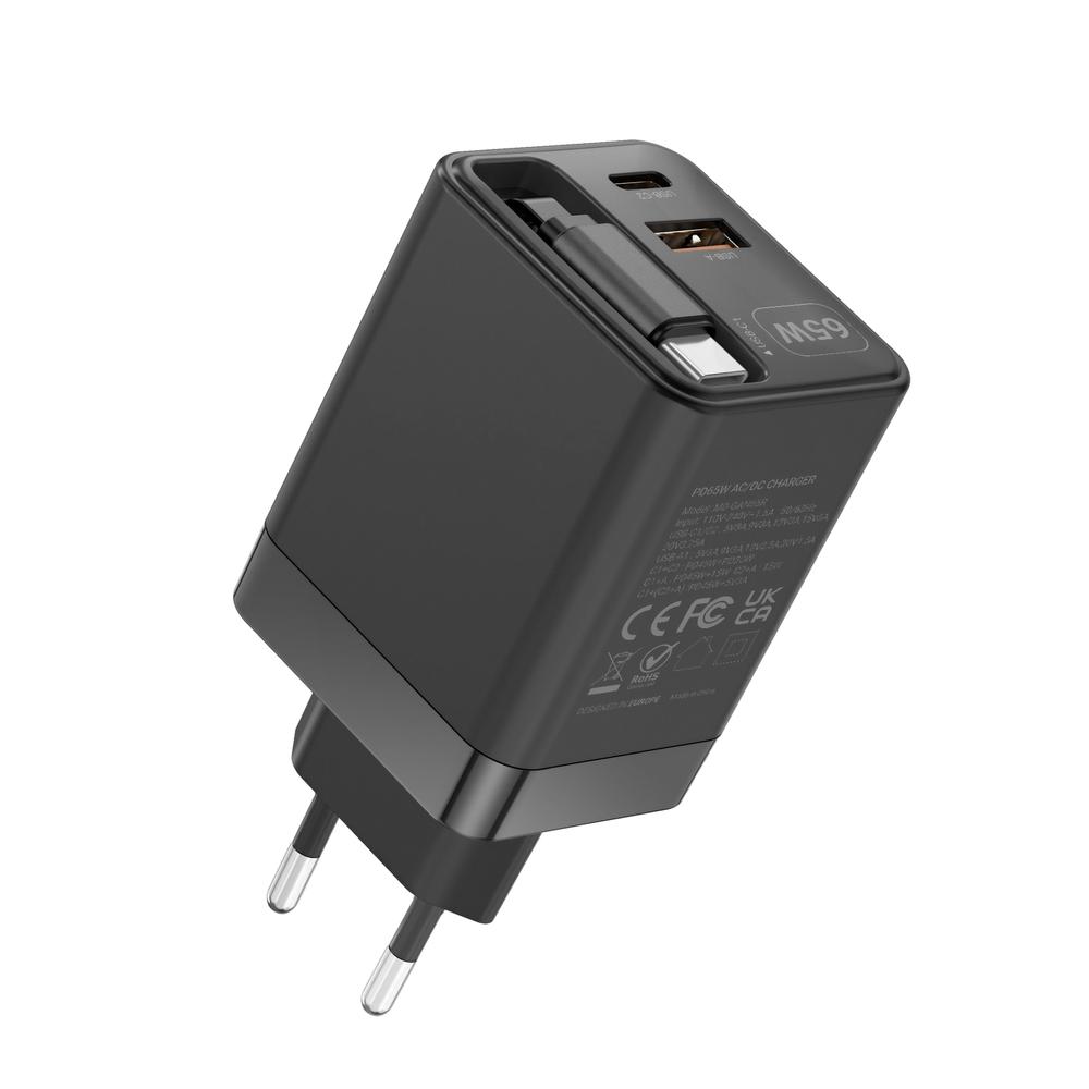 CARGADOR DE PARED MARS GAMING MD-GAN65R 65W 1X USB TIPO C 1 X USB TIPO A CABLE RETRACTIL USB TIPO C NEGRO
