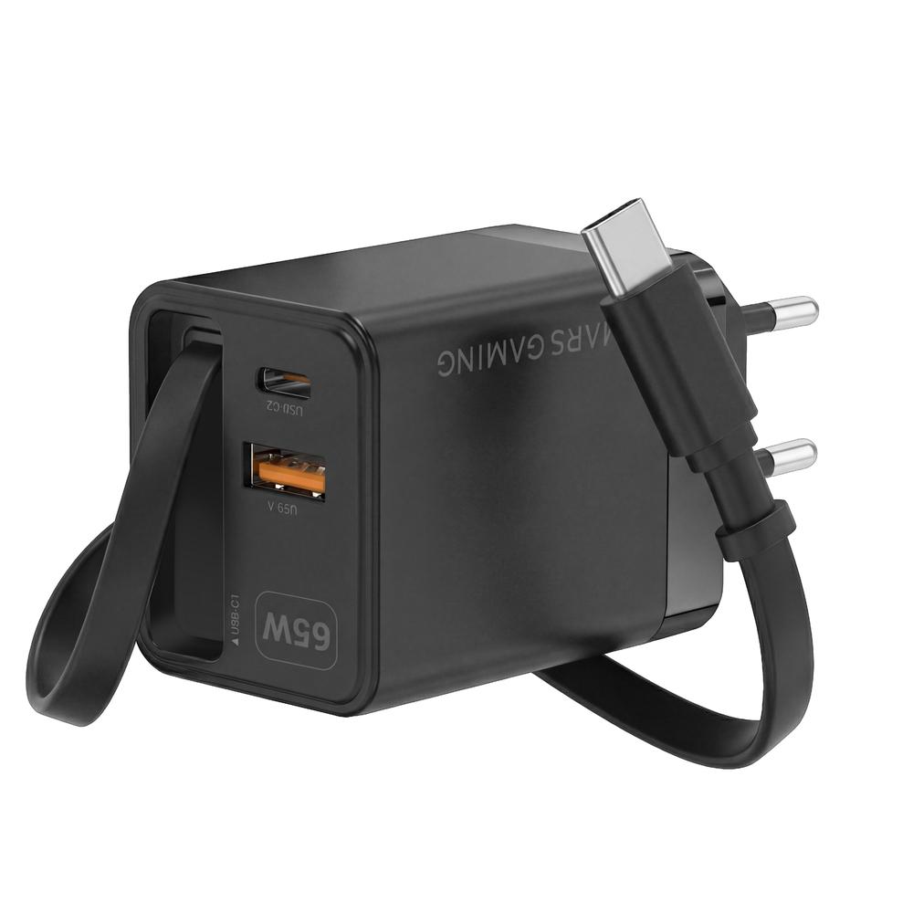 CARGADOR DE PARED MARS GAMING MD-GAN65R 65W 1X USB TIPO C 1 X USB TIPO A CABLE RETRACTIL USB TIPO C NEGRO