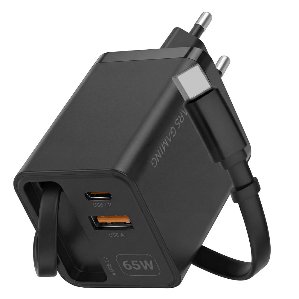 CARGADOR DE PARED MARS GAMING MD-GAN65R 65W 1X USB TIPO C 1 X USB TIPO A CABLE RETRACTIL USB TIPO C NEGRO
