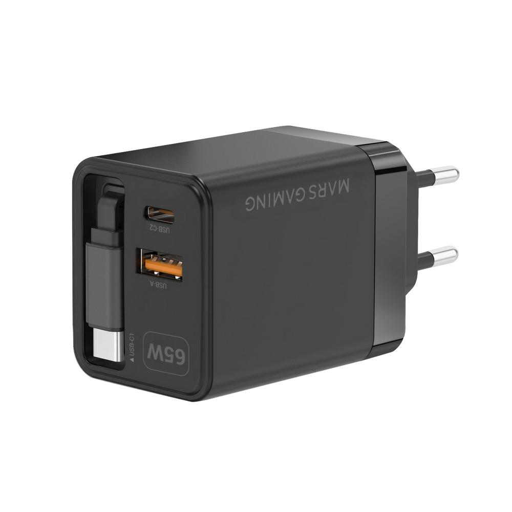CARGADOR DE PARED MARS GAMING MD-GAN65R 65W 1X USB TIPO C 1 X USB TIPO A CABLE RETRACTIL USB TIPO C NEGRO