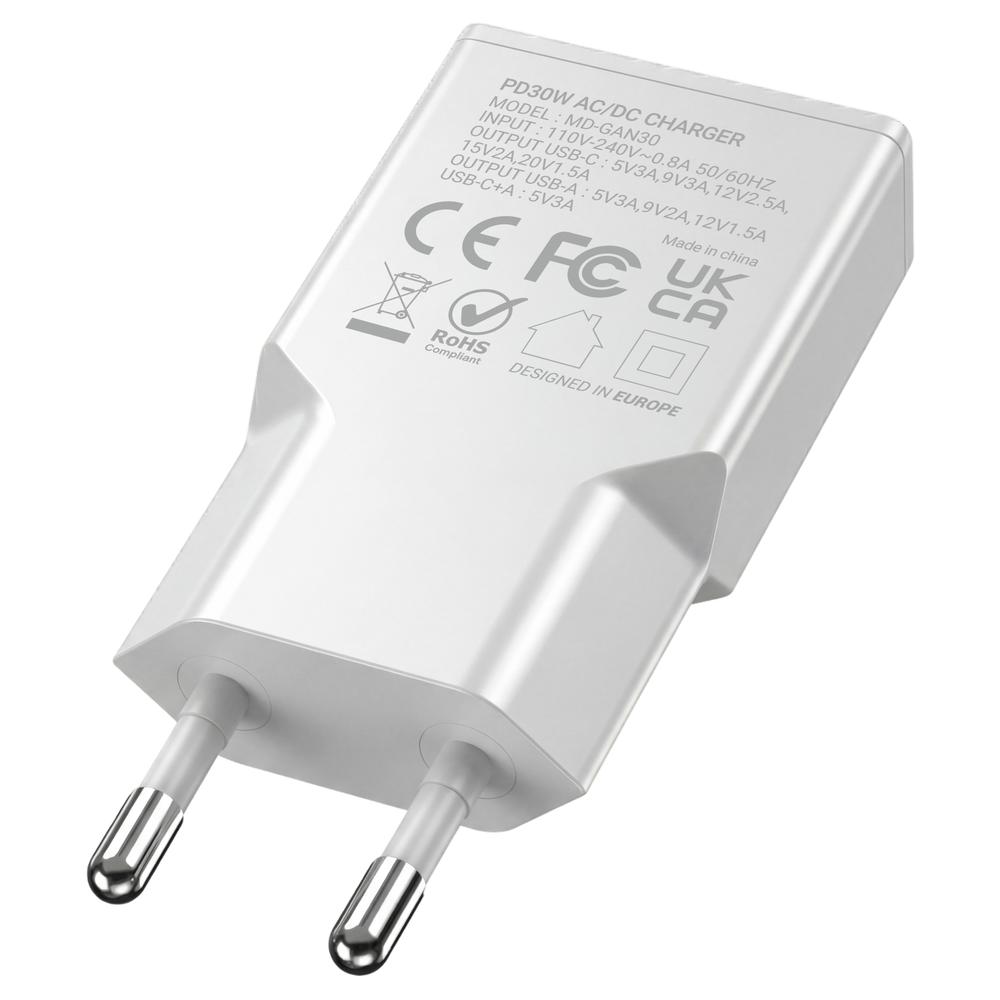 CARGADOR DE PARED MARS GAMING MD-GAN30W 30W 1X USB TIPO C 1 X USB TIPO A BLANCO