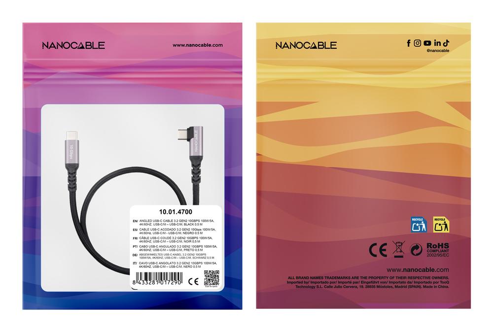 CABLE NANOCABLE USB-C 3.2 GEN2 ACODADO 100W 1M