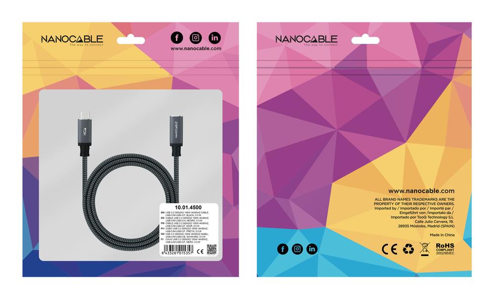 CABLE PROLONGADOR NANOCABLE USB 3.2 GEN2X2 20GB 100W C/M-H 1.5M ALARGADOR USB-C ALGODON