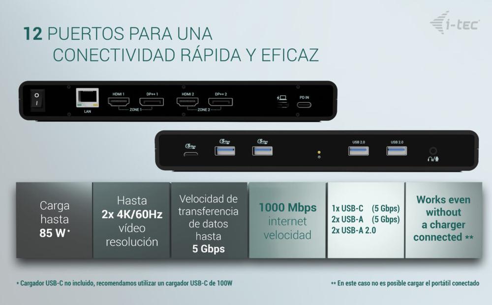 DOCKING STATION I-TEC 12 EN 1 + CARGADOR UNIVERSAL 85W