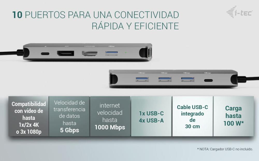 DOCKING STATION I-TEC USB TIPO C 10 EN 1 + CARGADOR UNIVERSAL 100W