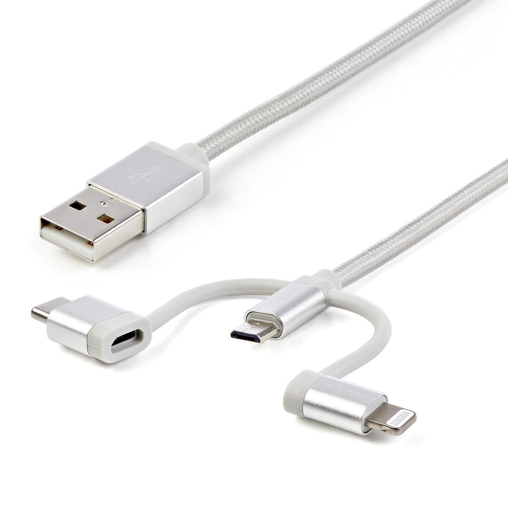 CABLE USB TIPO A A MICRO USB/ USB TIPO C/ LIGHTNING STARTECH 1M/ MACHO-MACHO/ PLATA TRENZADO