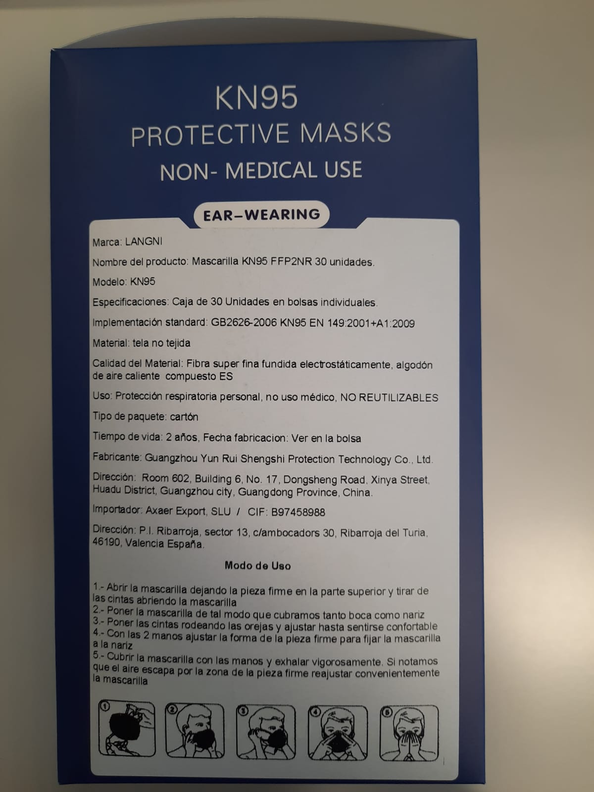 Mascarilla Higienica NR KN95 Langni Caja 30 Unidades Blister Individual