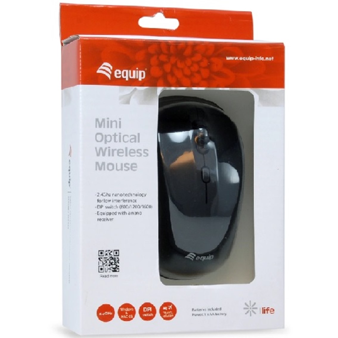 MOUSE RATON MINI EQUIP LIFE OPTICO 4 BOTONES SCROLL NEGRO WIRELESS INALAMBRICO 1600DPI