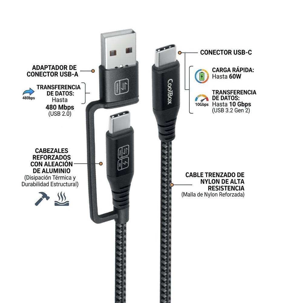 CABLE COOLBOX CARGA MAS DATOS MICRO USB-C 60W 1.2m ADAPTADOR USB-A