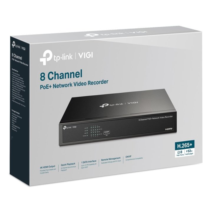 VIDEOGRABADOR SEGURIDAD TP-LINK VIGI NVR1008H-OP 8 Canales 16mp 8xrj45 Poe+ 53w Hdmi 4k H.265+ Sata 2xusb