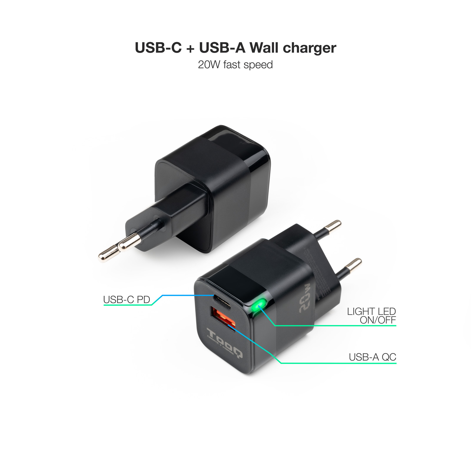 CARGADOR PARED TOOQ USB-C/PD + USB-A/QC 20W NEGRO