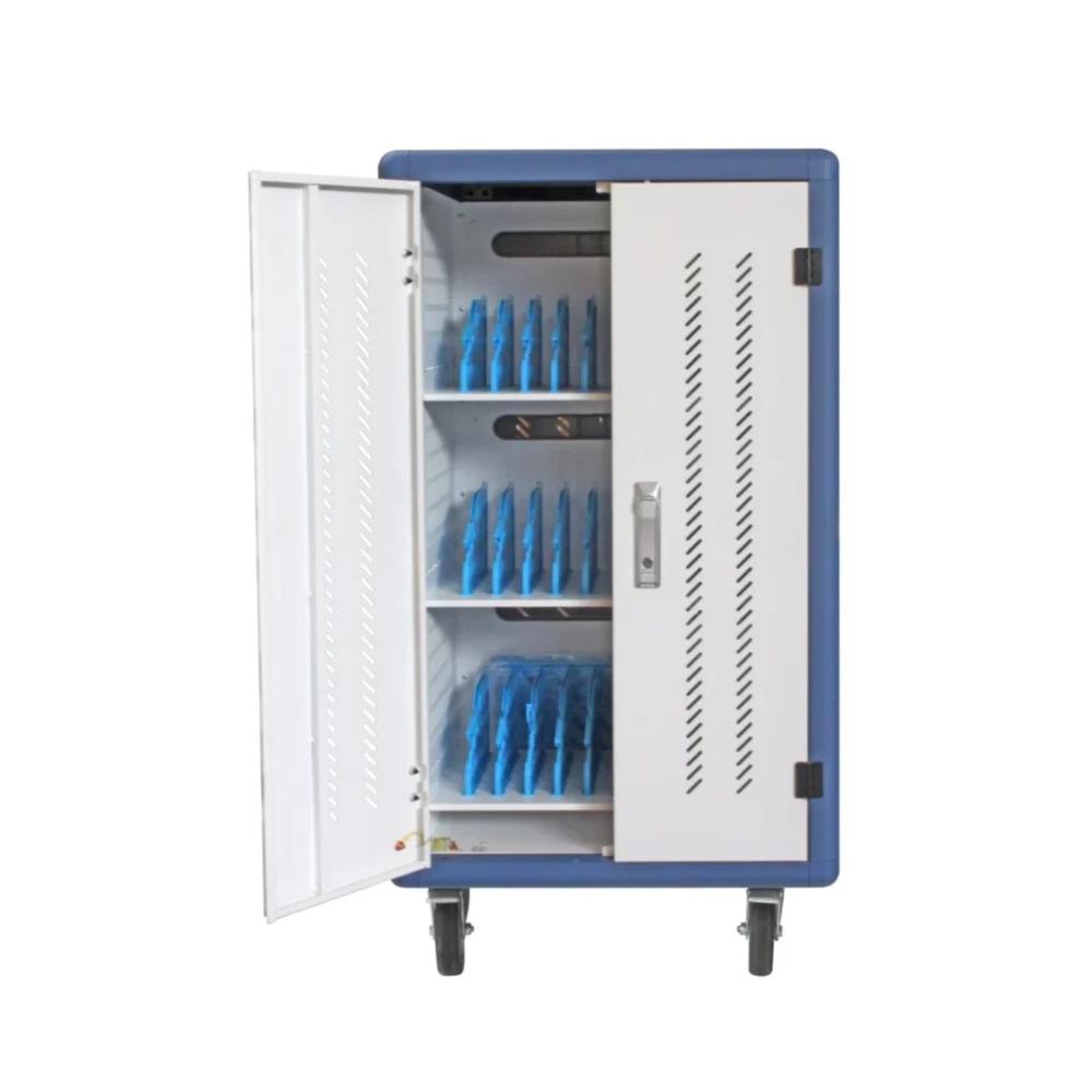 ARMARIO CARRO DE CARGA DE SEGURIDAD PHASAK MONTADO CON RUEDAS GOMA 30 COMPART. PARA PORTATIL TABLET Y SMARTPHONE BLANCO/AZUL PHT 3530