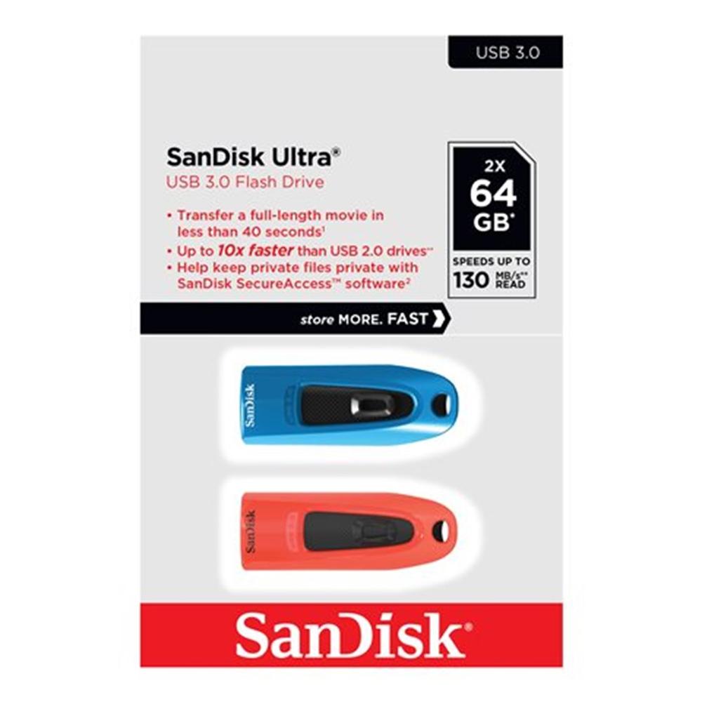 MEMORIA USB 3.0 SANDISK 64GB ULTRA 2 UNIDADES ROJA Y AZUL