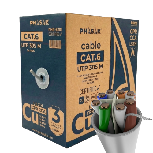 BOBINA CABLE RED PHASAK UTP CAT.6 LSZH CERTIFICACION CPR (IGNIFUGO) CCA 305M GRIS PHR 6201