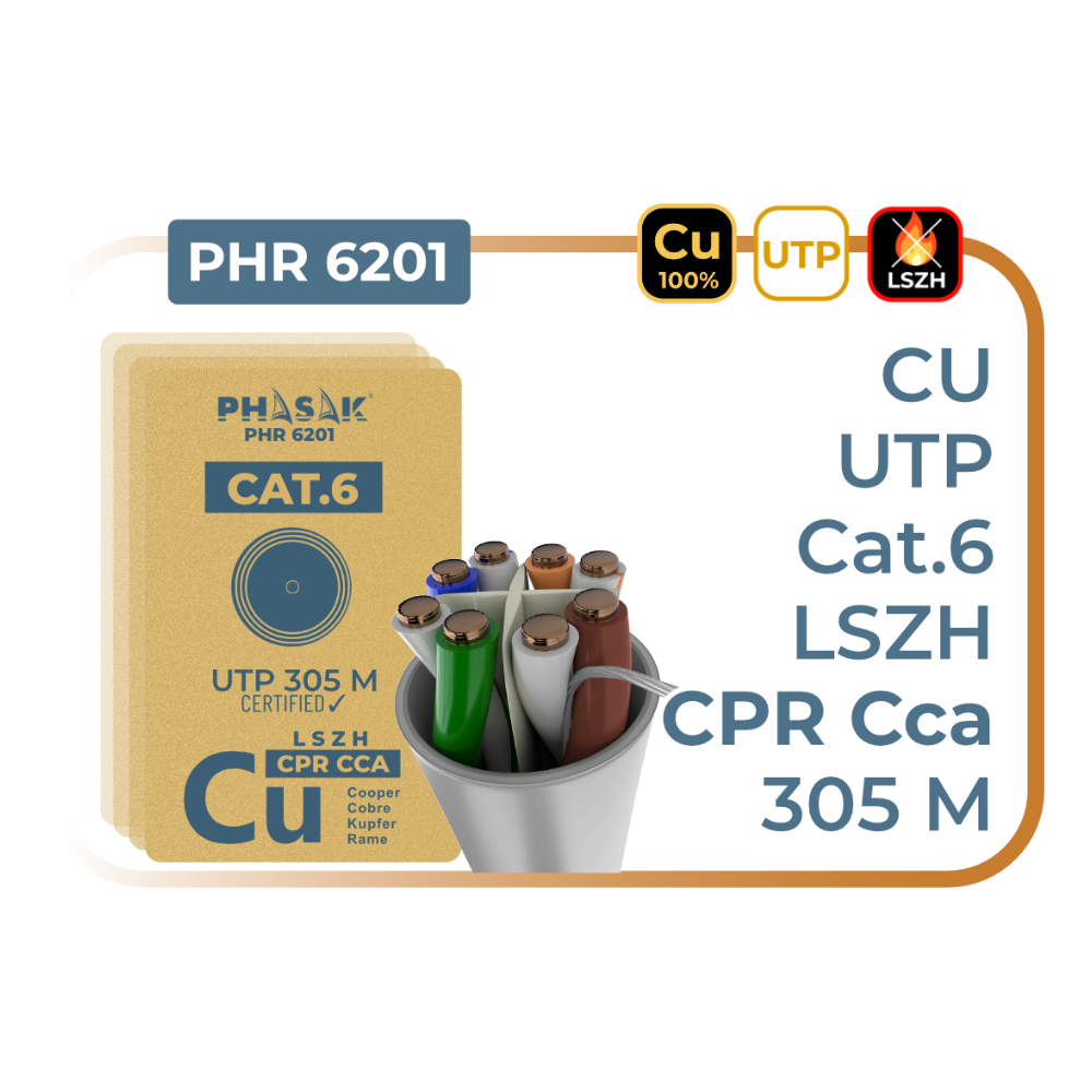 BOBINA CABLE RED PHASAK UTP CAT.6 LSZH CERTIFICACION CPR (IGNIFUGO) CCA 305M GRIS PHR 6201