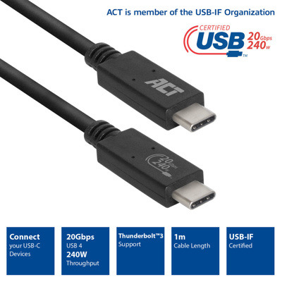 CABLE USB-C USB 4.0 240W 20GBPS USB-IF 1M ACT CONNECTIVITY