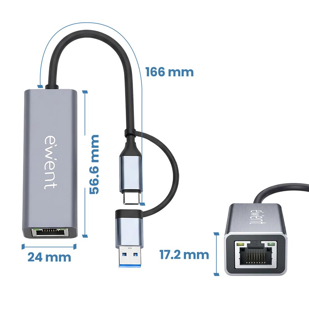 ADAPTADOR DE RED USB TIPO C / USB 3.2 A RJ45 EWENT 15CM/ MACHO-HEMBRA/ GRIS
