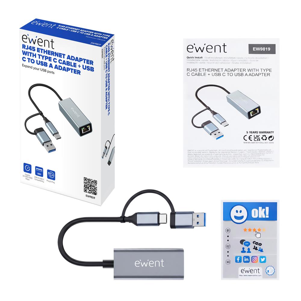 ADAPTADOR DE RED USB TIPO C / USB 3.2 A RJ45 EWENT 15CM/ MACHO-HEMBRA/ GRIS