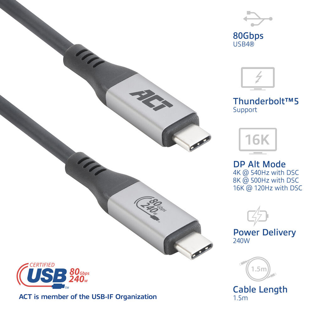 CABLE USB-C USB 4.0 80GBPS 240W USB-IF 1.5M ACT CONNECTIVITY