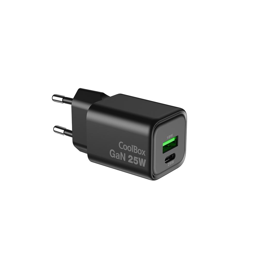 CARGADOR USB DE PARED COOLBOX 25W GAN USB TIPO A / USB TIPO C NEGRO