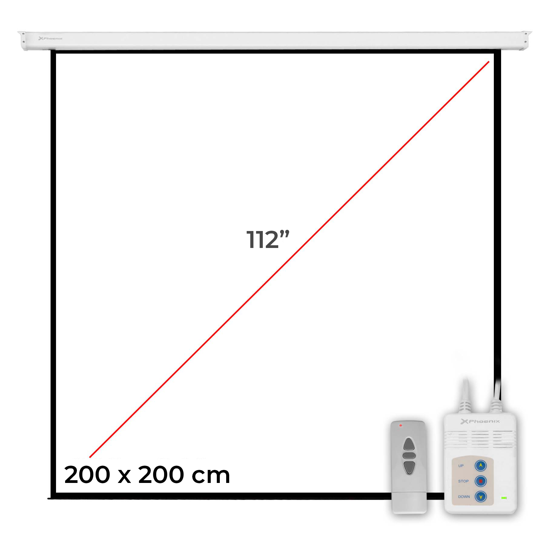 PANTALLA ELECTRICA VIDEOPROYECTOR PARED Y TECHO PHOENIX 112´´ RATIO 1:1 / 4:3 / 16:9 2M X 2 M POSICION AJUSTABLE / CARCASA BLANCA / TELA SUPER RESISTENTE