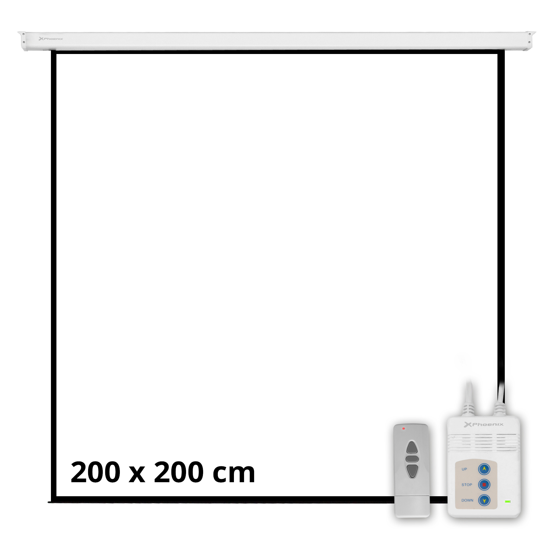 PANTALLA ELECTRICA VIDEOPROYECTOR PARED Y TECHO PHOENIX 112´´ RATIO 1:1 / 4:3 / 16:9 2M X 2 M POSICION AJUSTABLE / CARCASA BLANCA / TELA SUPER RESISTENTE