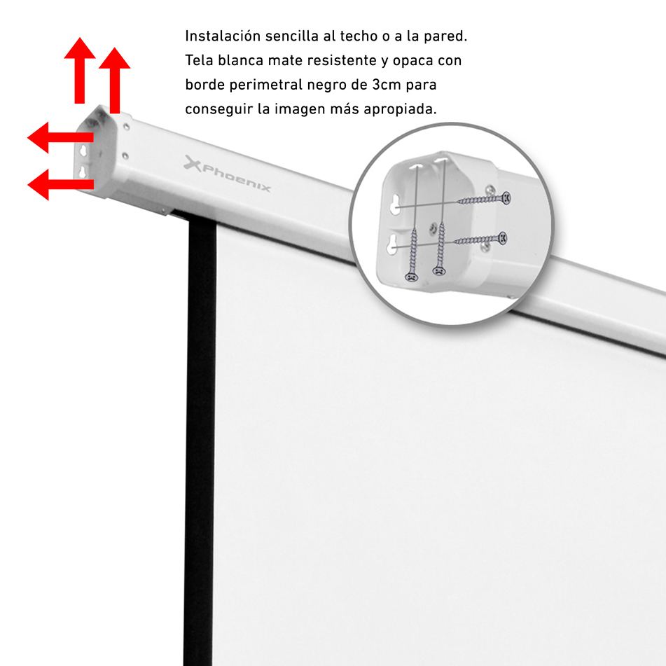 PANTALLA ELECTRICA VIDEOPROYECTOR PARED Y TECHO PHOENIX 112´´ RATIO 1:1 / 4:3 / 16:9 2M X 2 M POSICION AJUSTABLE / CARCASA BLANCA / TELA SUPER RESISTENTE