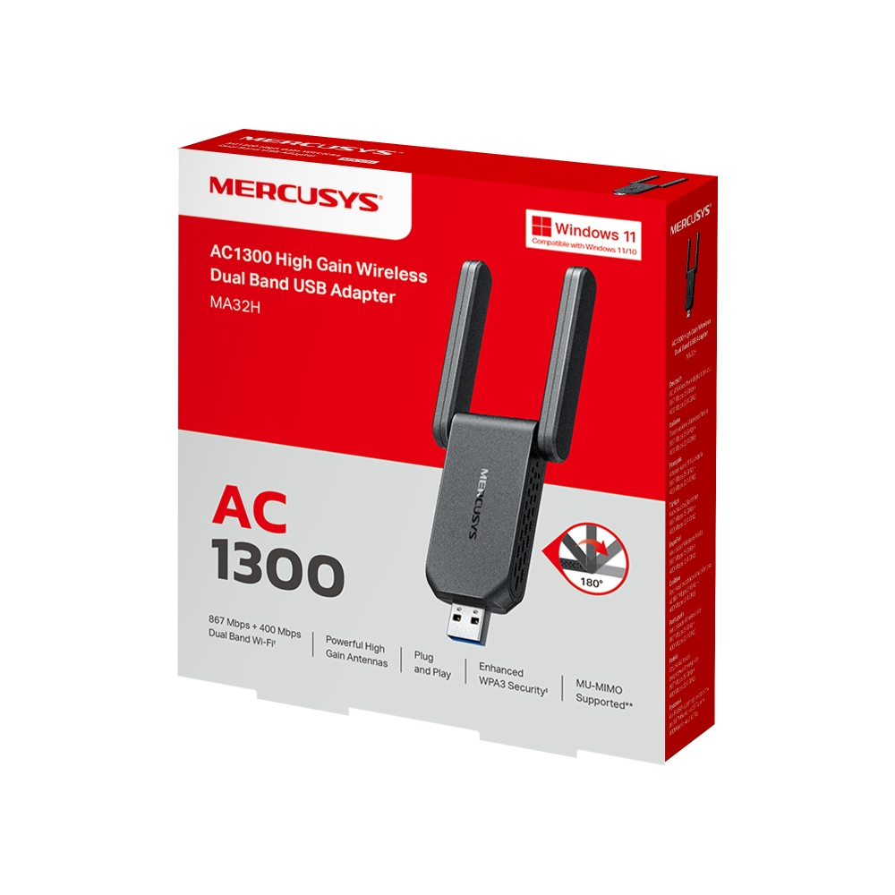 ADAPTADOR WIFI USB TIPO A MERCUSYS MA32H AC1300 2 ANTENAS