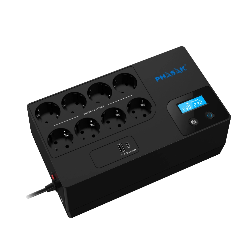 SAI UPS PHASAK 1050VA SMART HOME 1KVA INTERACTIVO AVR PANTALLA LCD CARGA FRONTAL USB A+C PH 9479