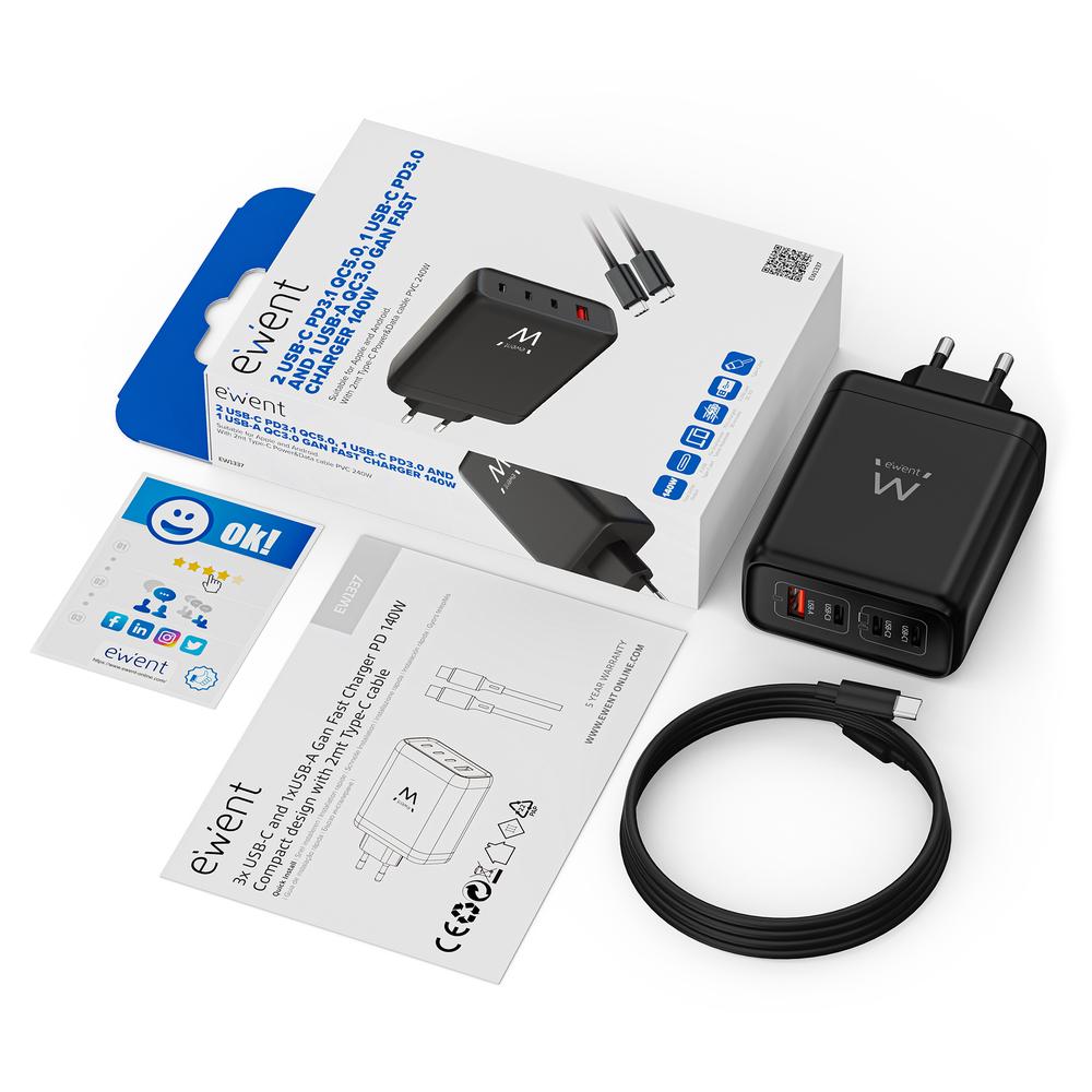 CARGADOR EWENT EW1337 140W 3X USB TIPO C 1X USB TIPO A NEGRO