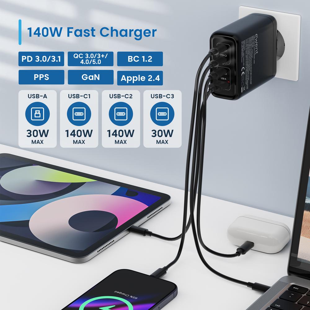 CARGADOR EWENT EW1337 140W 3X USB TIPO C 1X USB TIPO A NEGRO