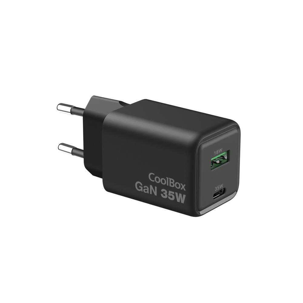 CARGADOR USB DE PARED COOLBOX 35W GAN USB TIPO A / USB TIPO C NEGRO