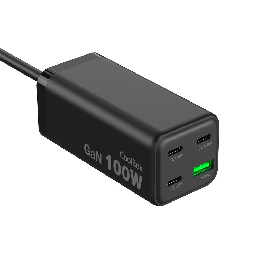 ESTACION DE CARGA USB COOLBOX 100W GAN 3X USB TIPO C / 1X USB TIPO A NEGRO CABLE 1.5M NEGRO