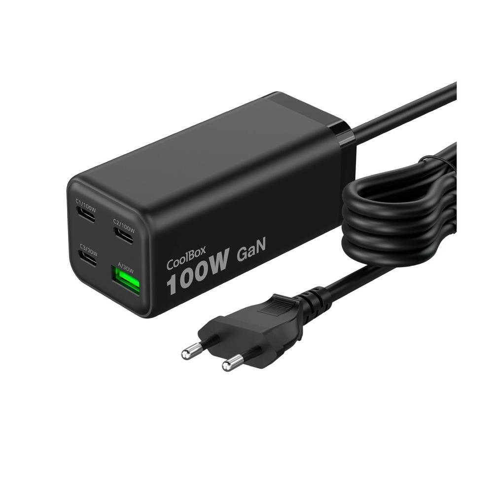 ESTACION DE CARGA USB COOLBOX 100W GAN 3X USB TIPO C / 1X USB TIPO A NEGRO CABLE 1.5M NEGRO