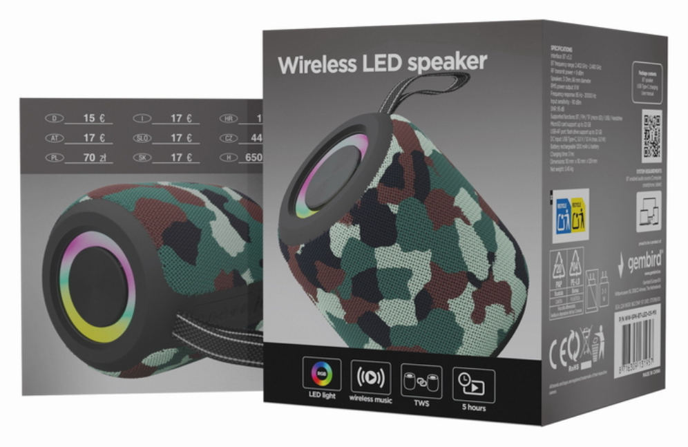 Gembird GMB Audio SPK-BT-LED-05-CM altavoz portátil o de fiesta Altavoz monofónico portátil Camuflaje 8 W