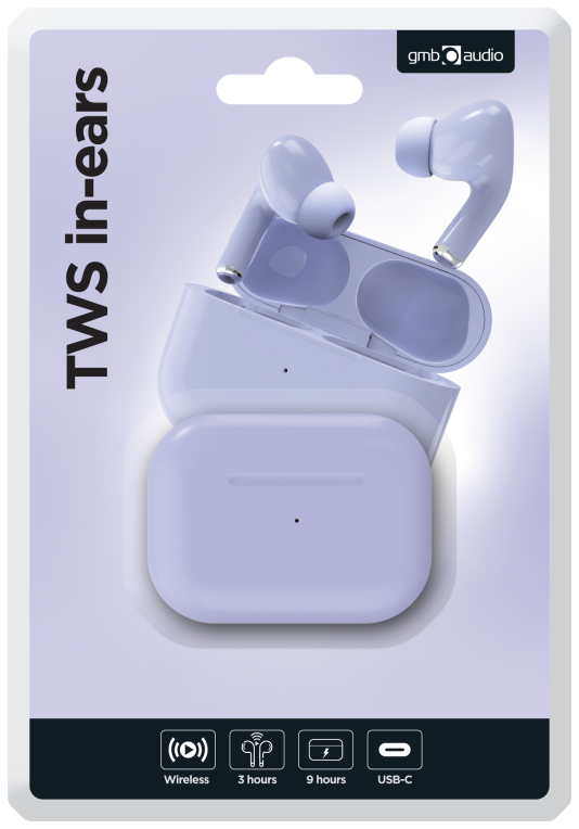 Gembird GMB Audio TWS-03-V auricular y casco Auriculares True Wireless Stereo (TWS) Dentro de oído Llamadas/Música USB Tipo C Bluetooth Violeta