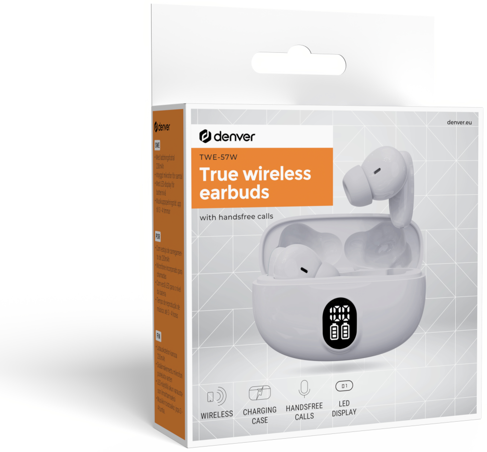 Denver TWE-57W auricular y casco Auriculares True Wireless Stereo (TWS) Clip de oreja Llamadas/Música USB Tipo C Bluetooth Base de carga Blanco