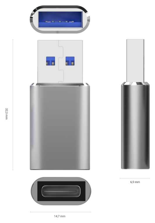 AISENS Mini Adaptador USB 3.2 Gen2 / USB 2.0 3A, Tipo USB-C/H-A/M, Gris