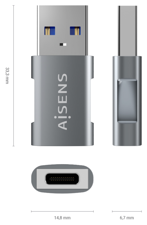 AISENS Mini Adaptador USB 3.2 GEN2 10G 3A, Tipo USB-C/H-A/M, Gris